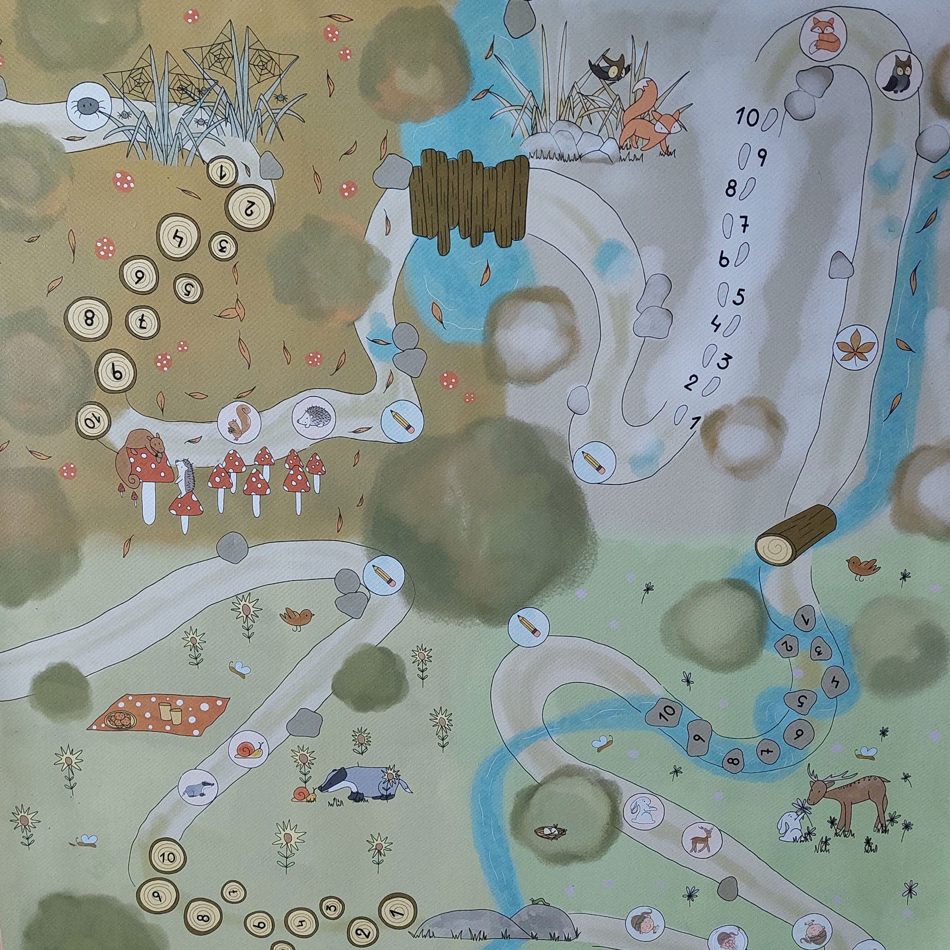 Het spelbord gemaakt van zeildoek is 60 x 60 cm. Het is de basis van het Durf Dierenbos en het Volg je voeten stappenplan.